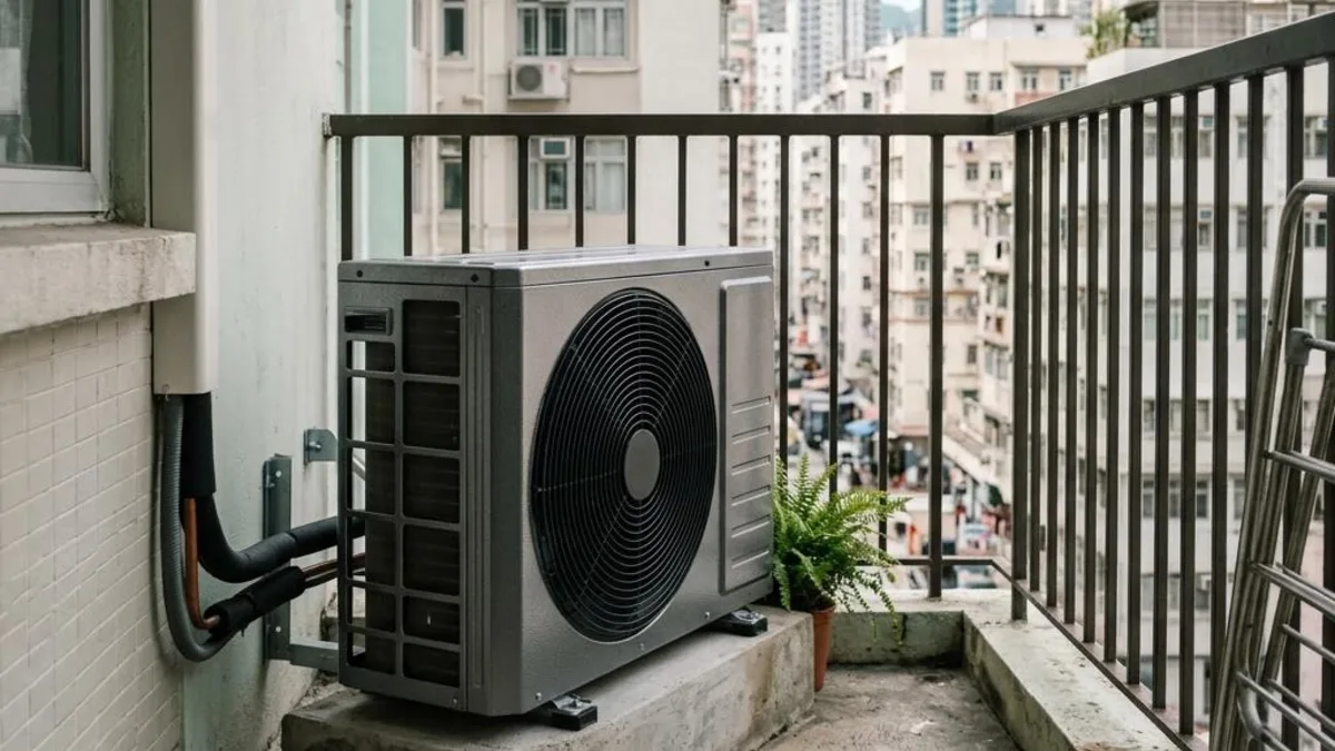 冷氣室外機放在住宅露台機位,旁邊可見欄杆及外牆(AI 示意圖片)