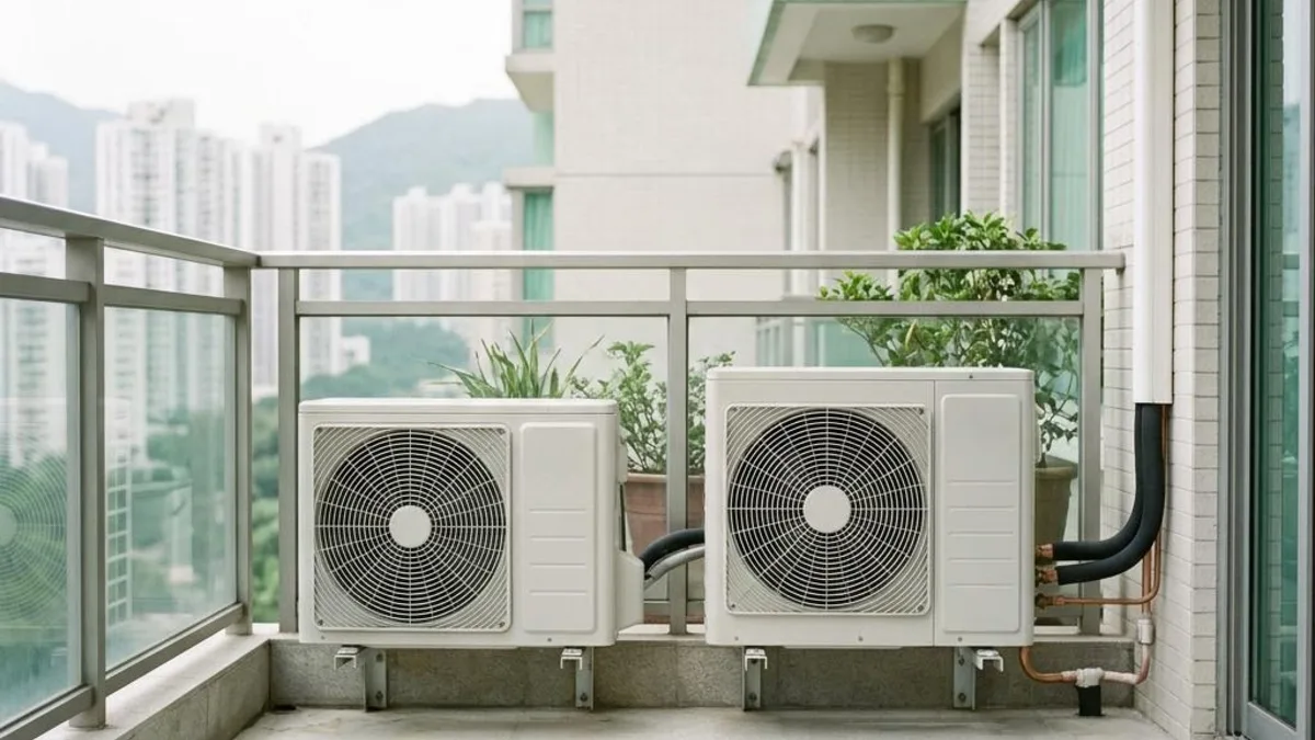 住宅機位內並排放置的兩部冷氣室外機及接駁喉管(AI 示意圖片)