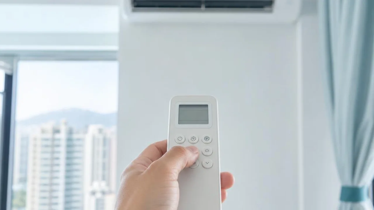 手持冷氣遙控器,背景為掛牆冷氣(AI 示意圖片)