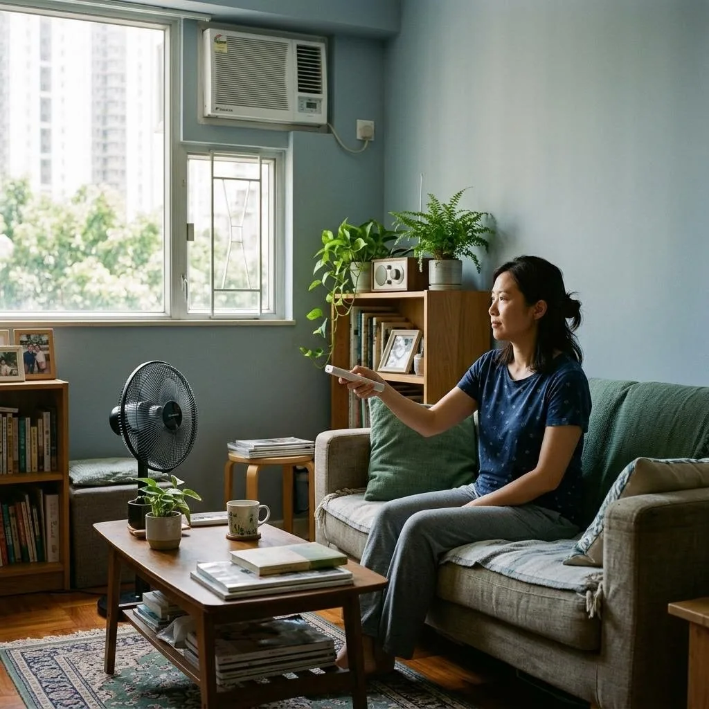 女子坐在客廳使用遙控器,窗邊設有窗口冷氣及座地風扇(示意圖片)