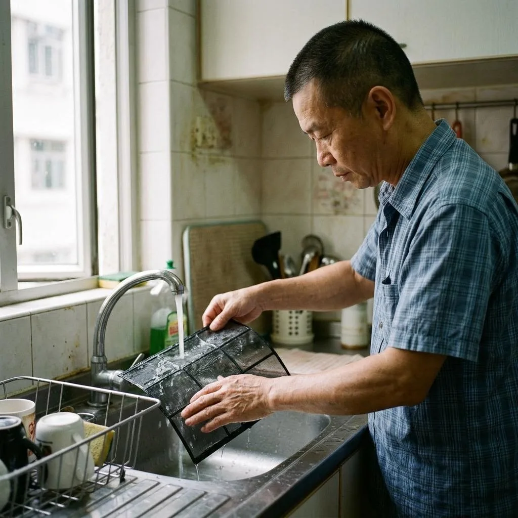 男子在水槽清洗拆下的冷氣隔塵網(示意圖片)